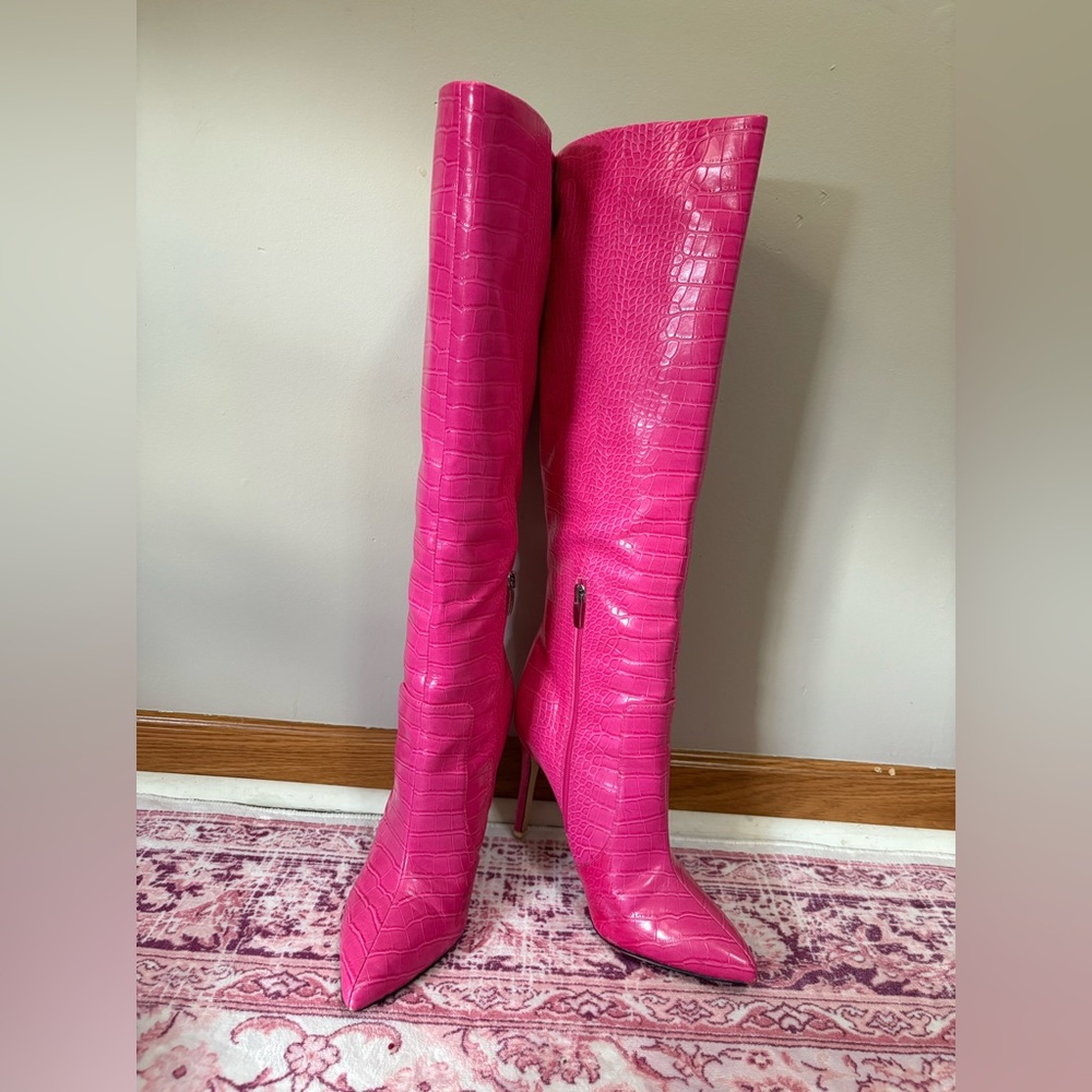 Nine West pink Croc-Embossed Knee-High Heeled Boots